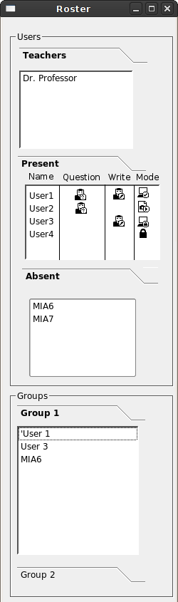 A picture of the Roster Window with catagories extended and some students