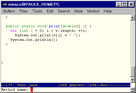 Screen shot showing prompt for
method name.