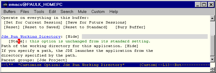 Screenshow showing customization buffer for
jde-run-working-directory.