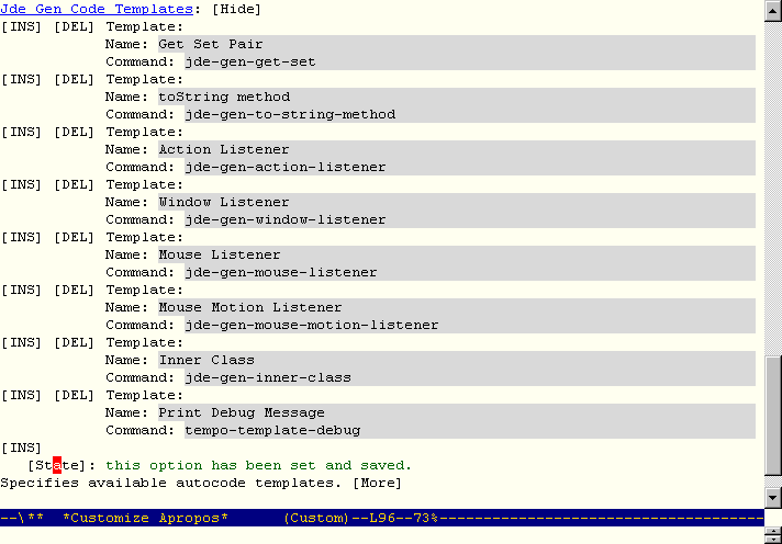 Screenshot showing customization buffer for registering
		      templates.