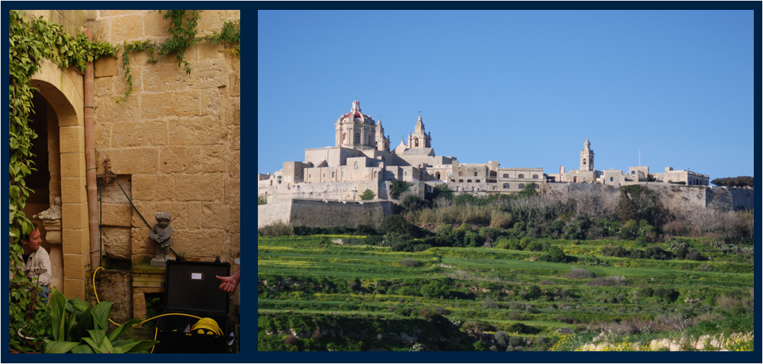 The cistern access point in the home's courtyard and the Mdina Citadael from the approaching road