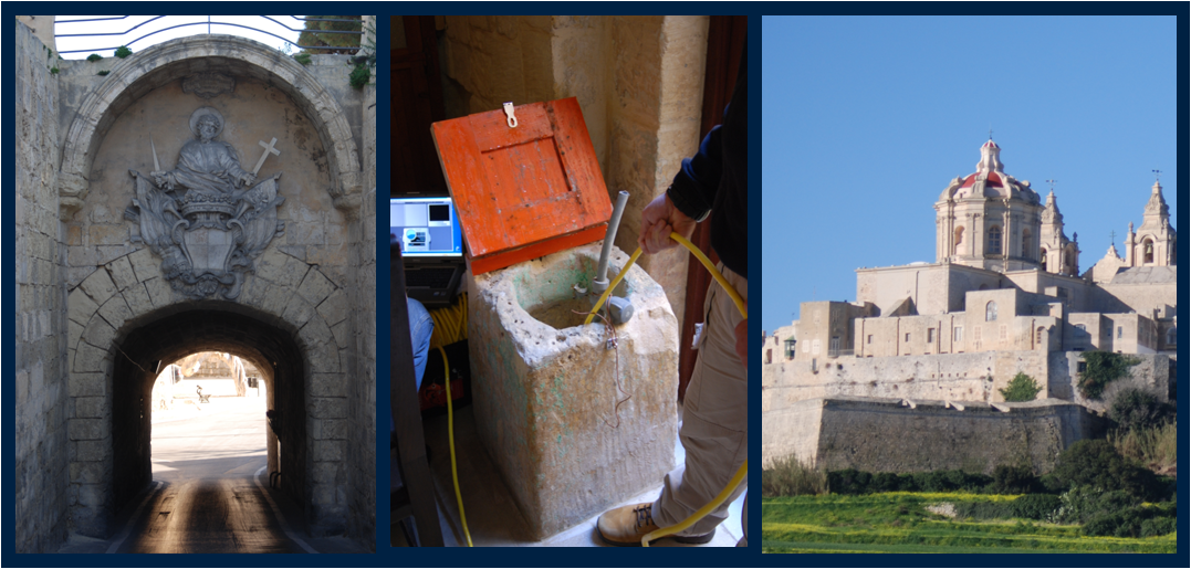 An entrance to Mdina Citadel, the well access point for site 8, and a picture of the citadel